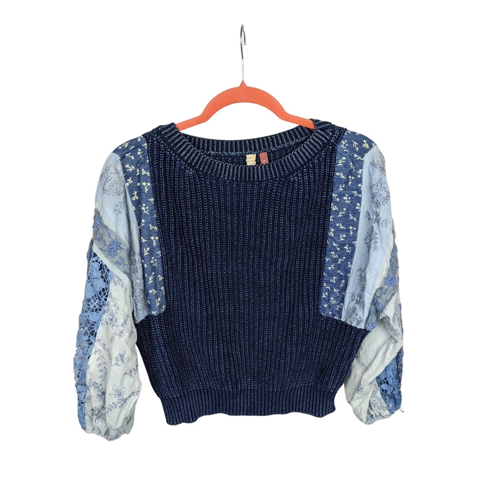Pilcro Anthropologie Mixed Media Patchwork Lace Sleeve Ribbed Sweater Navy XS